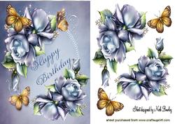 Pretty Blue Roses with Gold Butterflies
