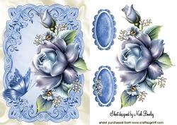 Pretty Blue Roses , Blue Butterfly in Ornate Frame