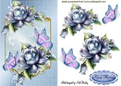 Blue Roses with Pink Butterfly in Ornate Frame