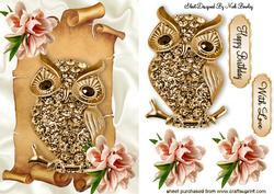 Gold Diamond Owl on Scroll with Peach Flowers