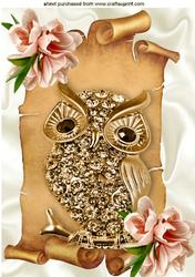 Gold Diamond Owl on Scroll with Peach Flowers A4