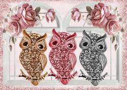 Diamond Owls on Branches with Pink Roses A4