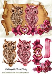 Romancing Diamond Owls, with Roses on a Scroll