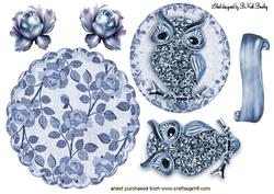 Blue Diamond Owl on Floral Rocker with Roses