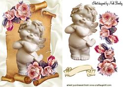 Cute Cuddly Cherub with Peach Roses on a Scroll