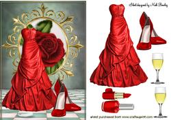 Red Gown with Red Rose, Shoes, & Champers