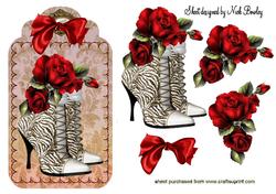 White Stripe Boots with Red Roses on a Tag