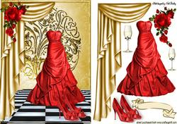 Red Gown with Gold Drapes and Red Roses