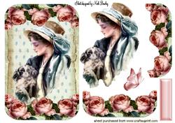 Vintage Lady in Bonnet with Puppy in Shabby Chic Rose Tag