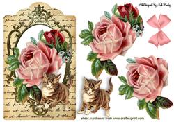 Pink Roses and Kitten on Vintage Tag