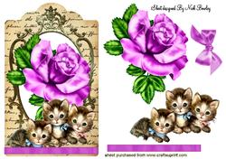 Cute Kittens with Pink Rose on Vintage Tag