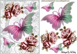 Pink Butterflies, Pink Roses in Sparkle Frame