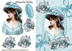 Vintage Lady in Bonnet of Flowers with Blue Roses
