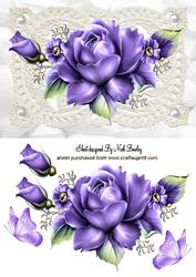 Purple Roses on Vintage Lace with Butterflies and Pearls