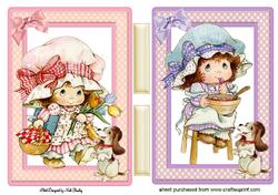 Little Vintage Girls in Bonnets with Puppies
