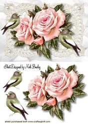 Pink Roses on Vintage Lace with Birds