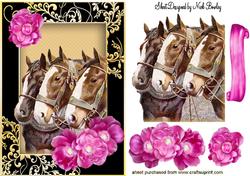 Horses in Gold/black Frame with Pink Flowers