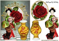 Pretty Oriental Lady with Vase & Red Rose