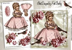 Pretty Girl Sitting with Little Birds & Roses 8x8 Mini Kit