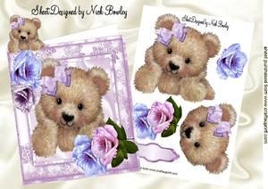 Cute Fuzzy Bear with Pink & Lilac Roses 8x8 Mini Kit