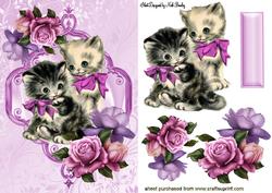Vintage Kittens with Pink Roses in Frame