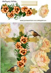 Gold Cross, with Peach Flowers , Roses & Birds 8x8
