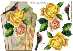 Yellow & Peach Roses with Little Bird Art Deco Topper