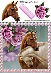 Horses Heads Entwined with Pink Roses & Pearls 8x8