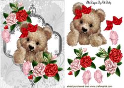 Fuzzy Bear with Red/pink Roses & Butterflies