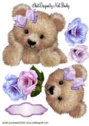Fuzzy Bear with Pink & Lilac Flowers A4
