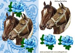 Horses with Blue Roses in Ornate Frame
