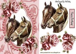 Horses in Bead Frame with Pink Roses