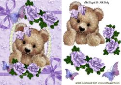 Fuzzy Bear with Pearls, Lilac Roses & Butterflies