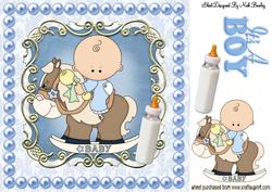 Baby Boy on a Rocking Horse, with His Bottle 8x8
