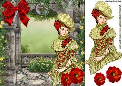 Vintage Lady with Red Flowers in a Garden 8x8
