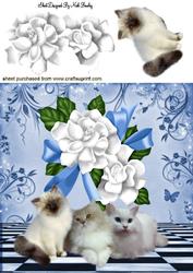 Cute Kitties with Bow & White Roses 8x8