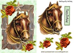 Brown Horse in Ornate Frame with Red Roses