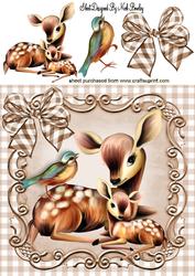 Mum & Baby Deer with Little Bird & Bow 8x8