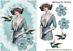 Pretty Blue Birds with Flowers and Vintage Lady