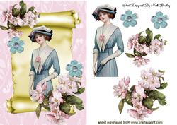 Vintage Lady on a Scroll with Flowers