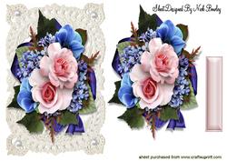 Pink Roses & Blue Flowers on Vintage Lace