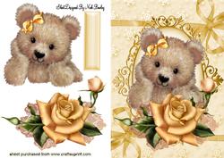 Fuzzy Bear with Pretty Gold Roses on Lace