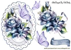 Blue Rose with Lilac Butterflies on a Plaque