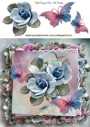 Pretty Blue Roses, Butterflies in Rose Frame 8x8