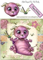 Pink Dragon with Flowers and Dragonflies 8x8