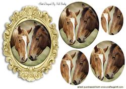 Pair of Horses in Gold Frame Oval Pyramids