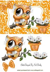 Cute Little Owl on a Branch with Flowers