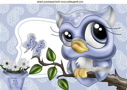 Cute Blue Owl on a Branch A4