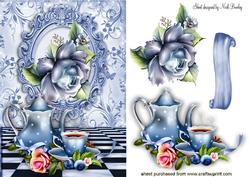Blue Roses with Teapot and Cup in Ornate Frame