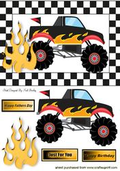 Black Monster Jeep with Flames in Check Frame